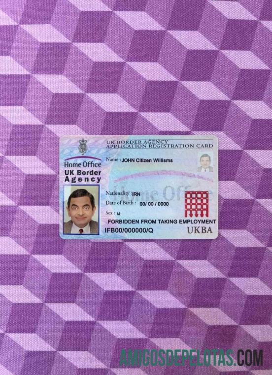 United Kingdom Border Agency Application Registration Card olhar de foto frente exemplo